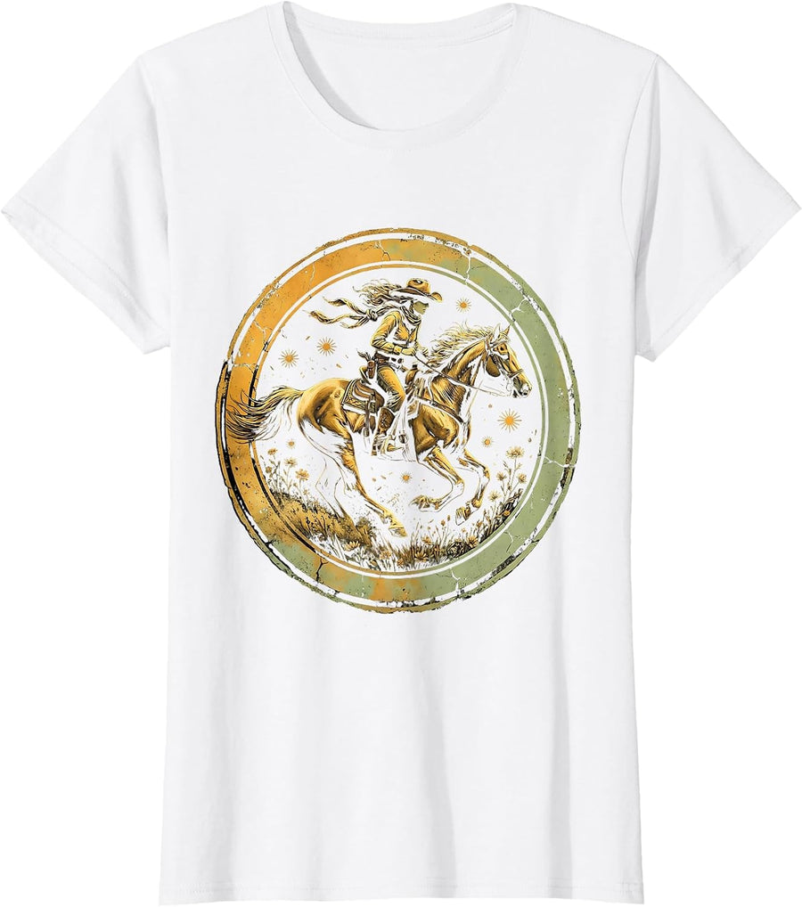 Women's Cowgirl Riding Bareback Wild Hair Bandana Design T-Shirt - White