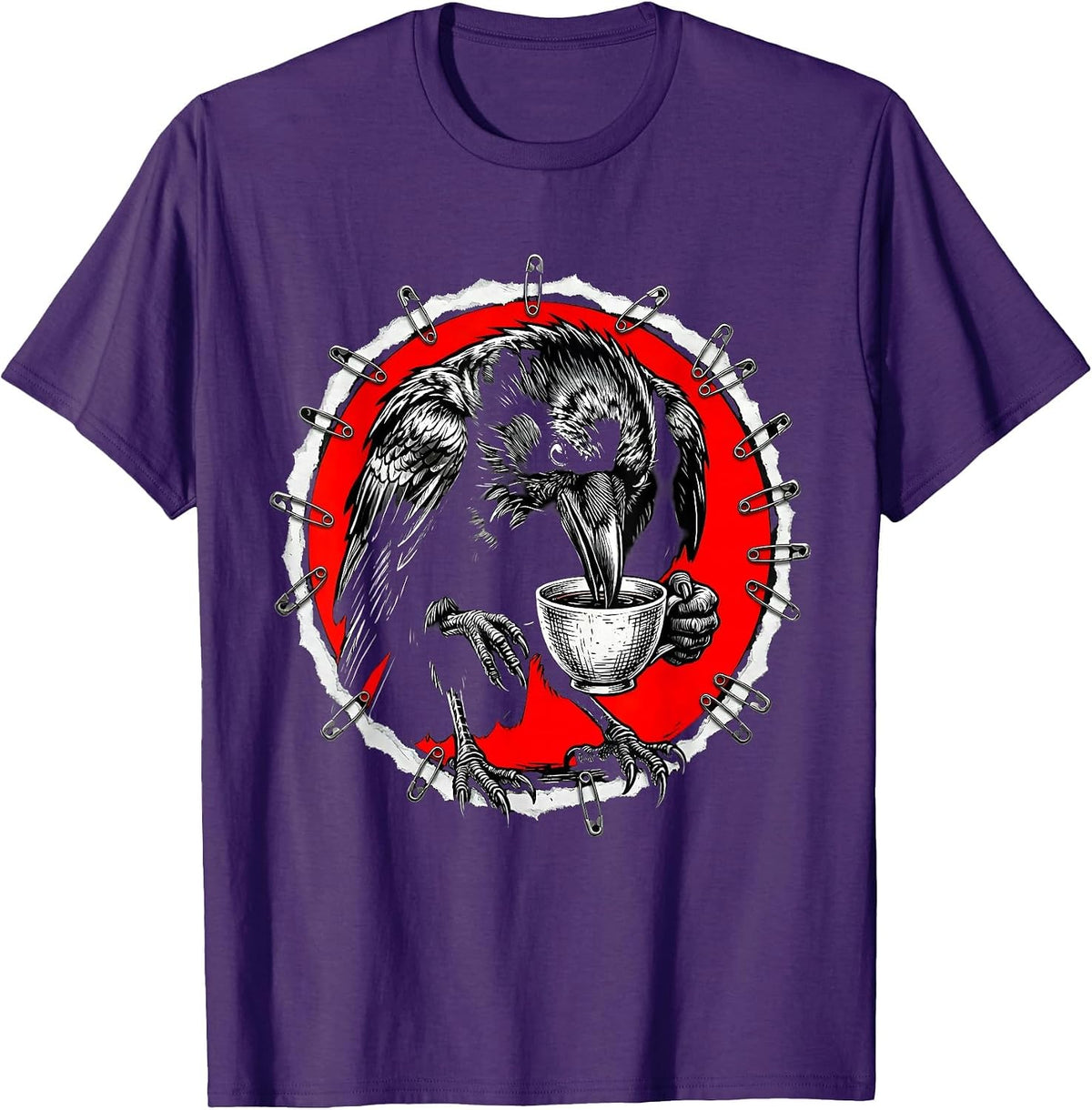 Men's Crow Drinking From a Tiny Teacup Illustration T-Shirt - Purple