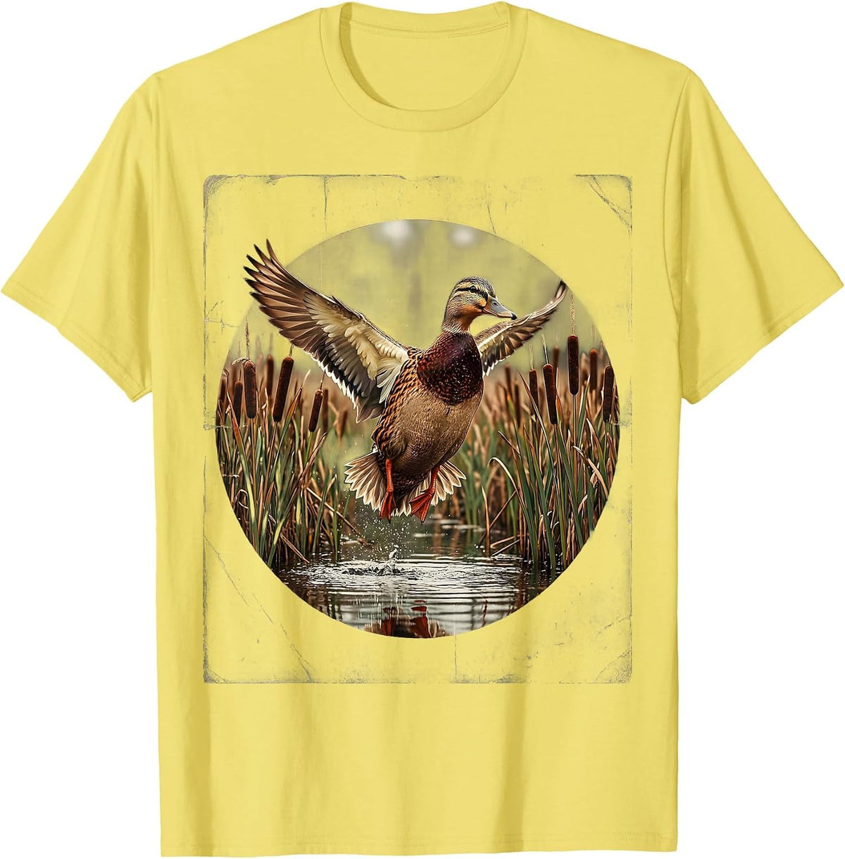 Men's Duck Flying Over Marsh Reeds Wildlife Illustration T-Shirt - Lemon Yellow