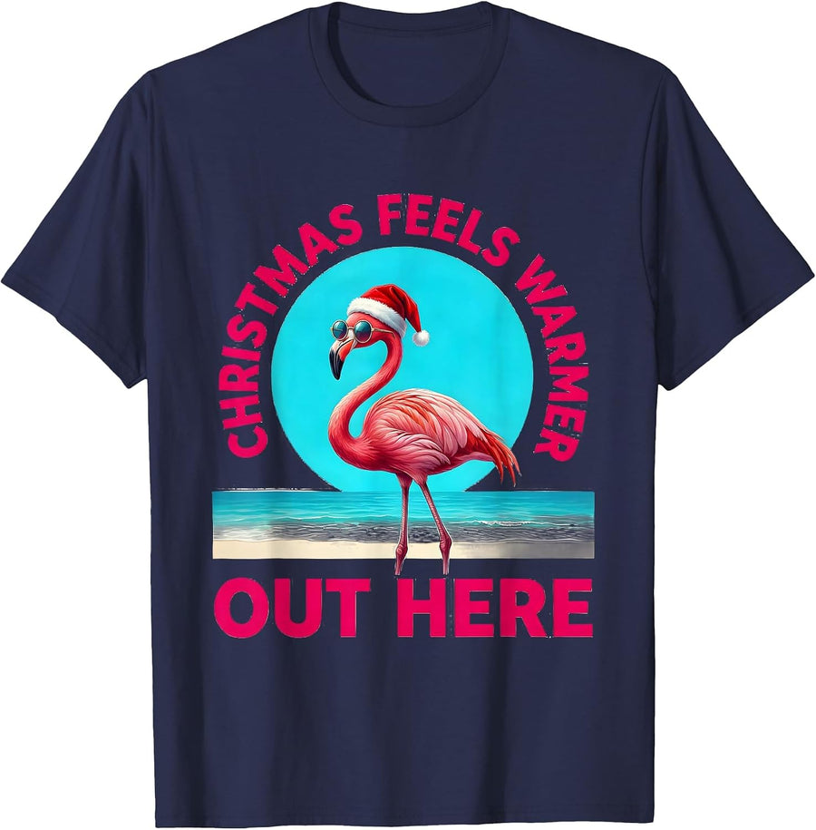 Christmas Feels Warmer Out Here Whimsical Pink Flamingo T-Shirt - Navy Blue