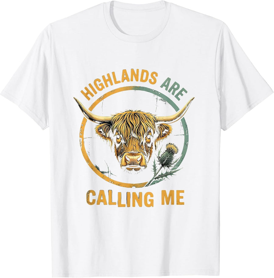 Men's Highlands Are Calling Me Highland Cow Design T-Shirt - White