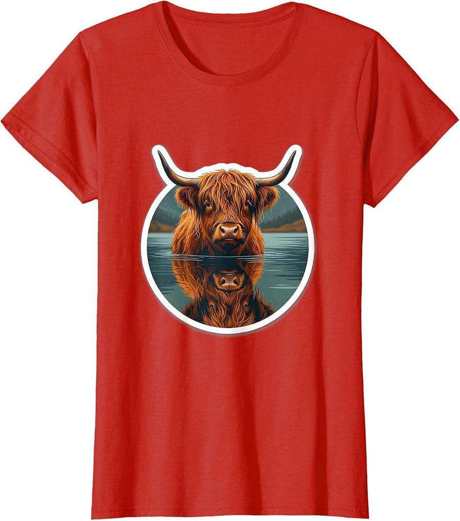 Women's Highland Cow Loch Reflection Nature Illustration T-Shirt - Red