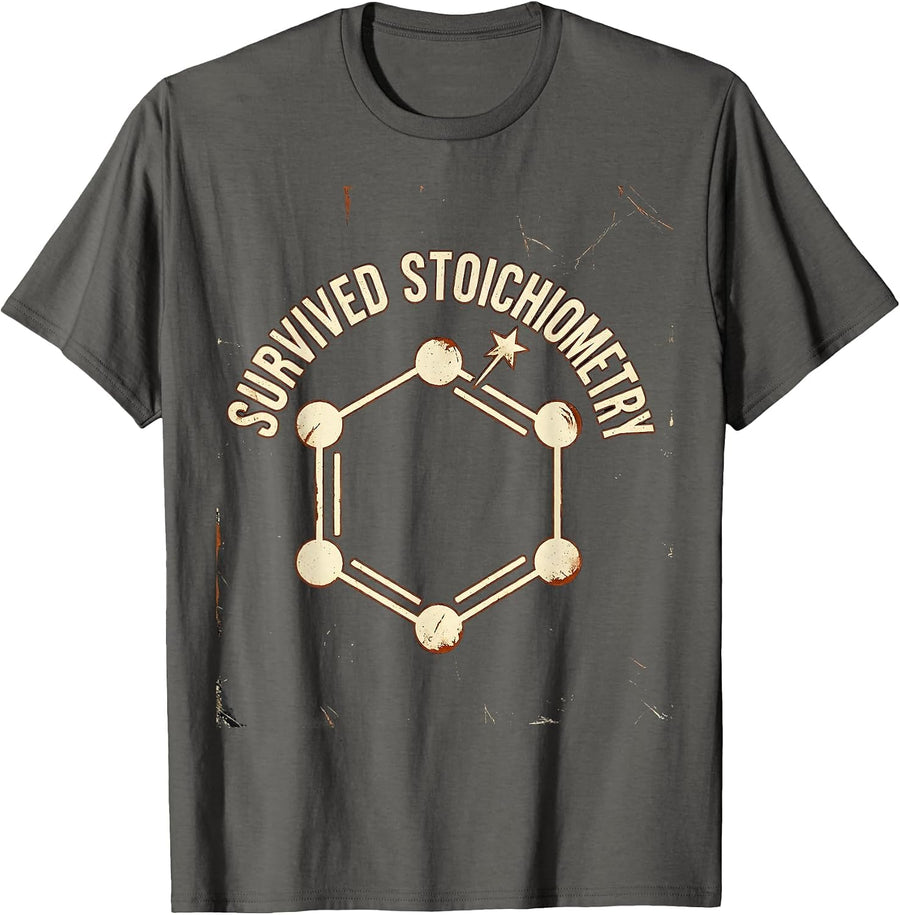 Survived Stoichiometry Distressed Science Humor Chemistry T-Shirt, Men, Asphalt Grey, Small - As Pictured