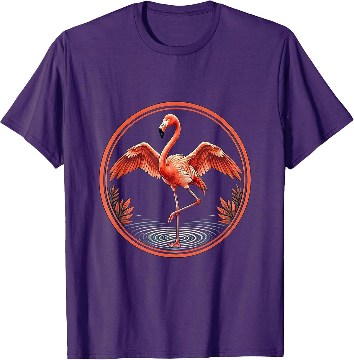 Flamingo Standing in Shallow Pink Water Illustration T-Shirt - Purple