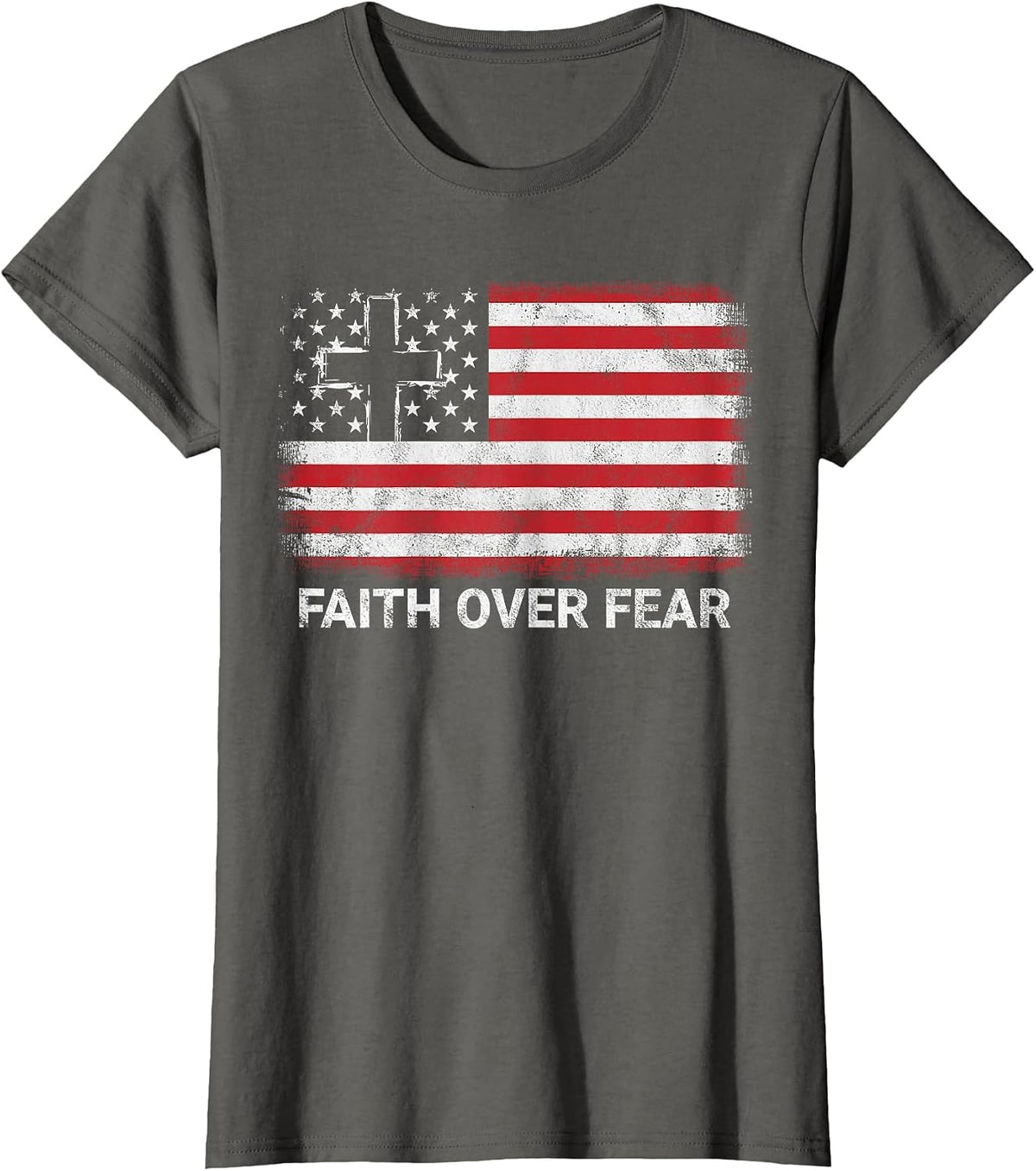 Faith Over Fear 4th of July Patriotic USA Flag T-Shirt - Asphalt Grey