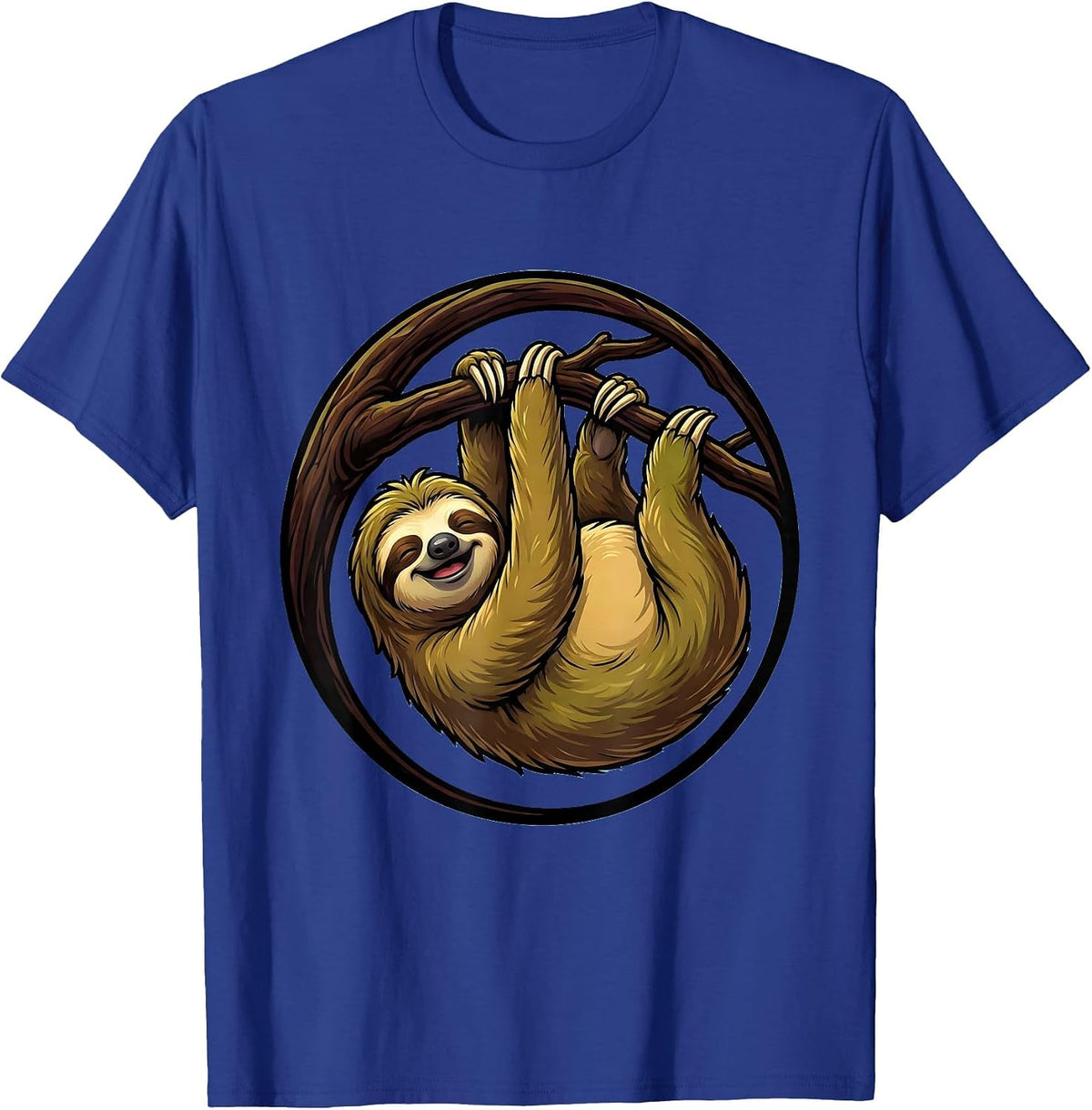 Lazy Sloth Hanging From Branch Illustration T-Shirt - Royal Blue