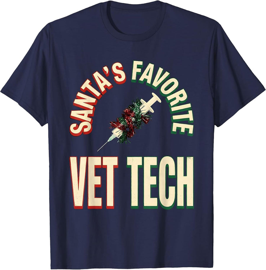 Santa's Favorite Vet Tech Funny Vet Tech Gift T-Shirt - Navy Blue