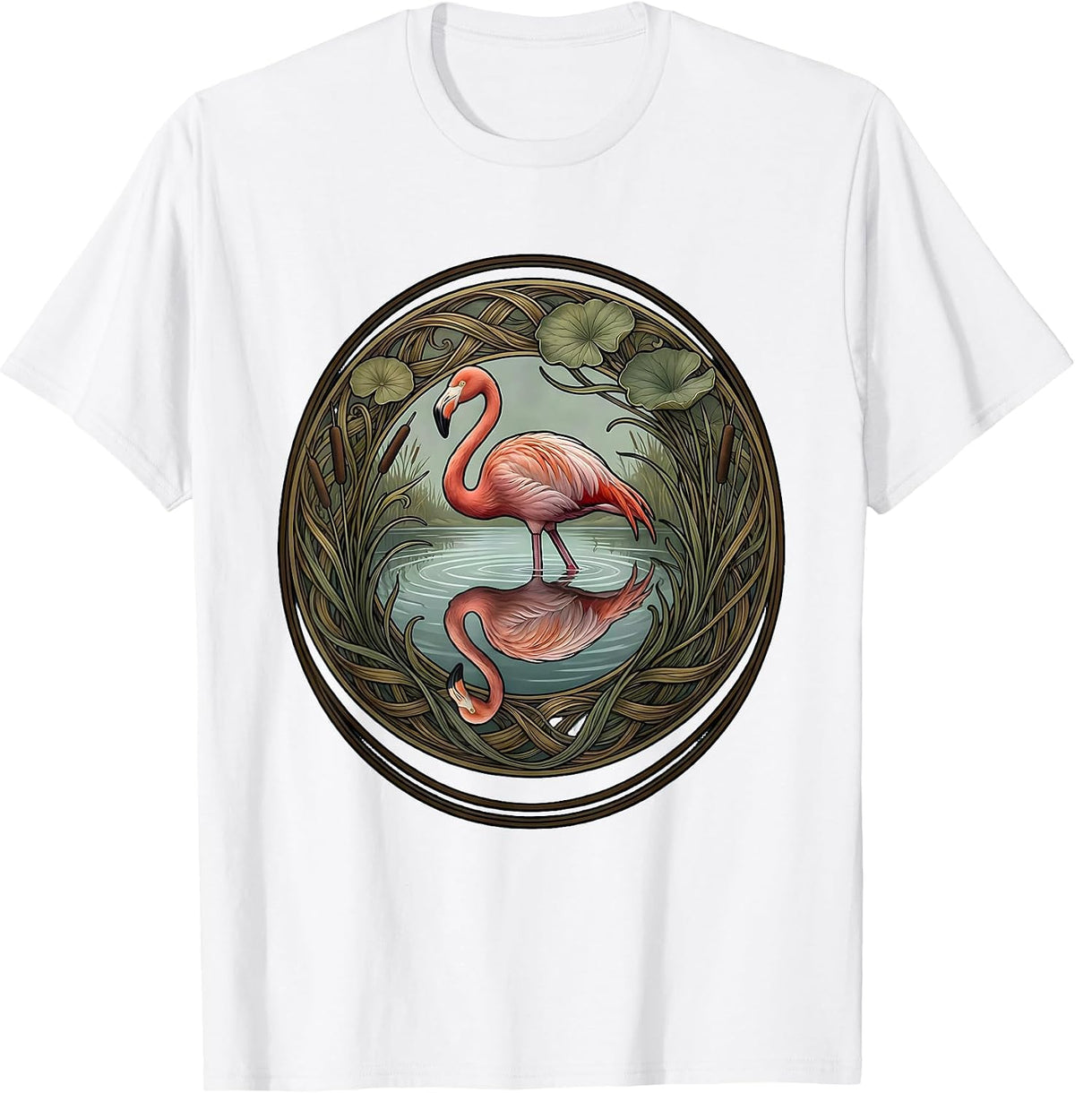 Men's Flamingo Silhouette Lake Reflection Graphic T-Shirt - White