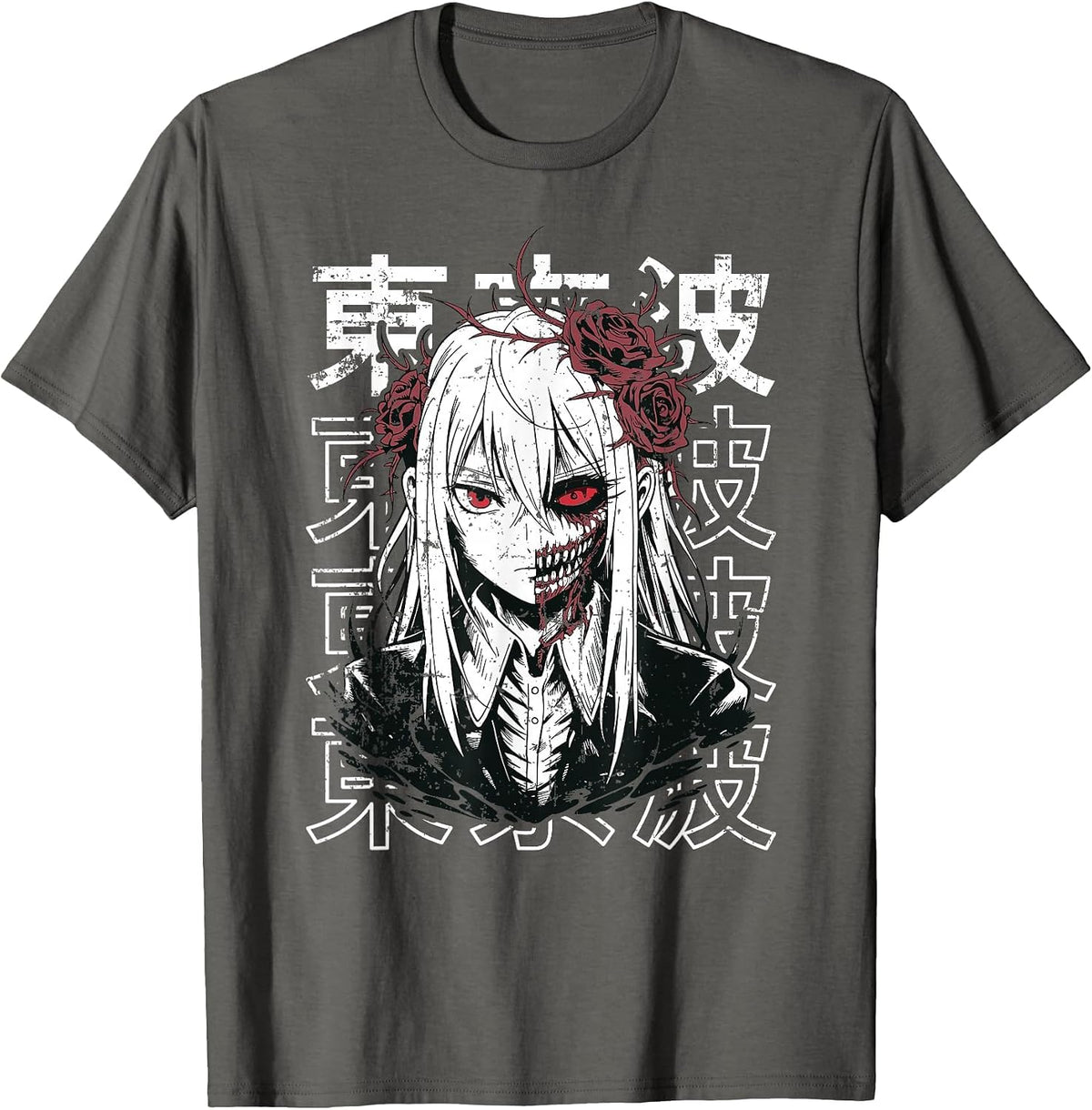 Horror Anime Goth Girl Oni Mask Creepy Japanese Horror Manga T-Shirt - Asphalt Grey