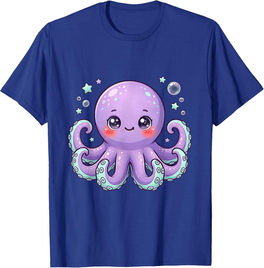 Glowing Octopus Deep Dark Ocean Illustration T-Shirt - Royal Blue