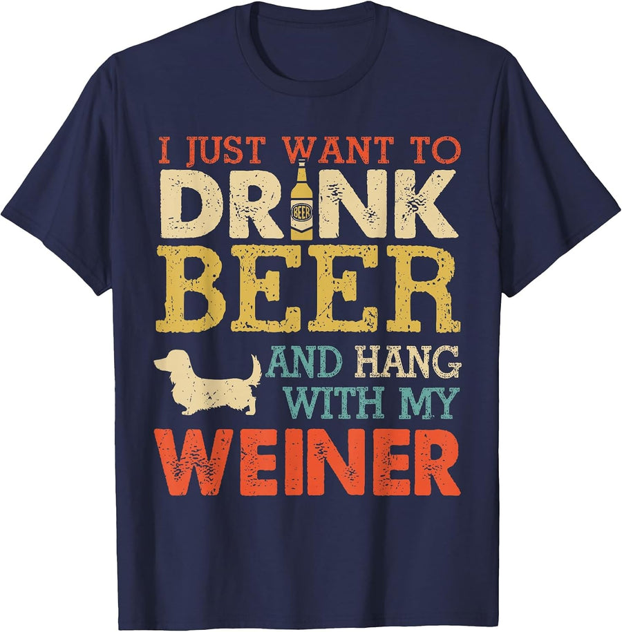 Weiner Dachshund Dad Drink Beer Hang with Dog Funny Vintage T-Shirt - Navy Blue