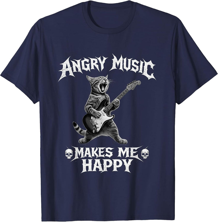 Angry Music Makes Me Happy Rage Angry Cat Heavy Metal Music T-Shirt - Navy Blue