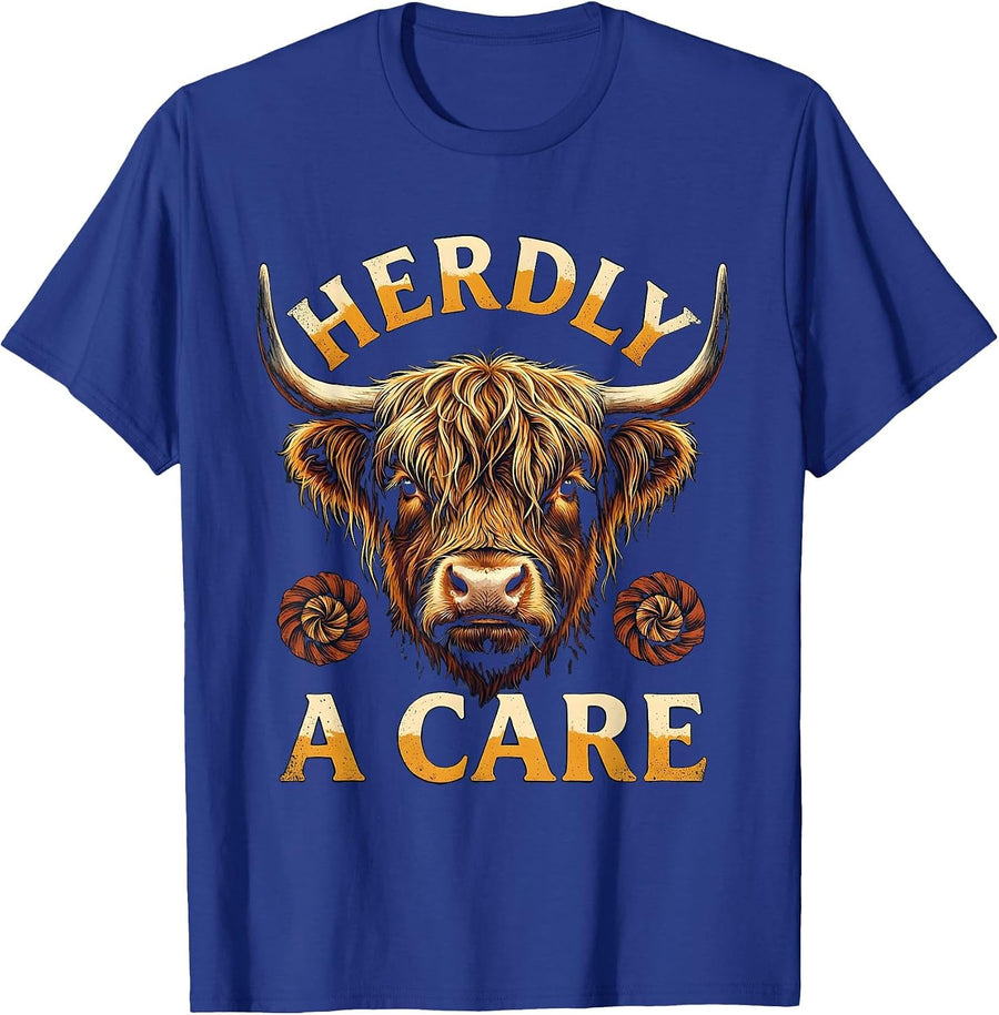 Herdly A Care Folk Art Highland Cow Farm Animal Humor T-Shirt - Royal Blue