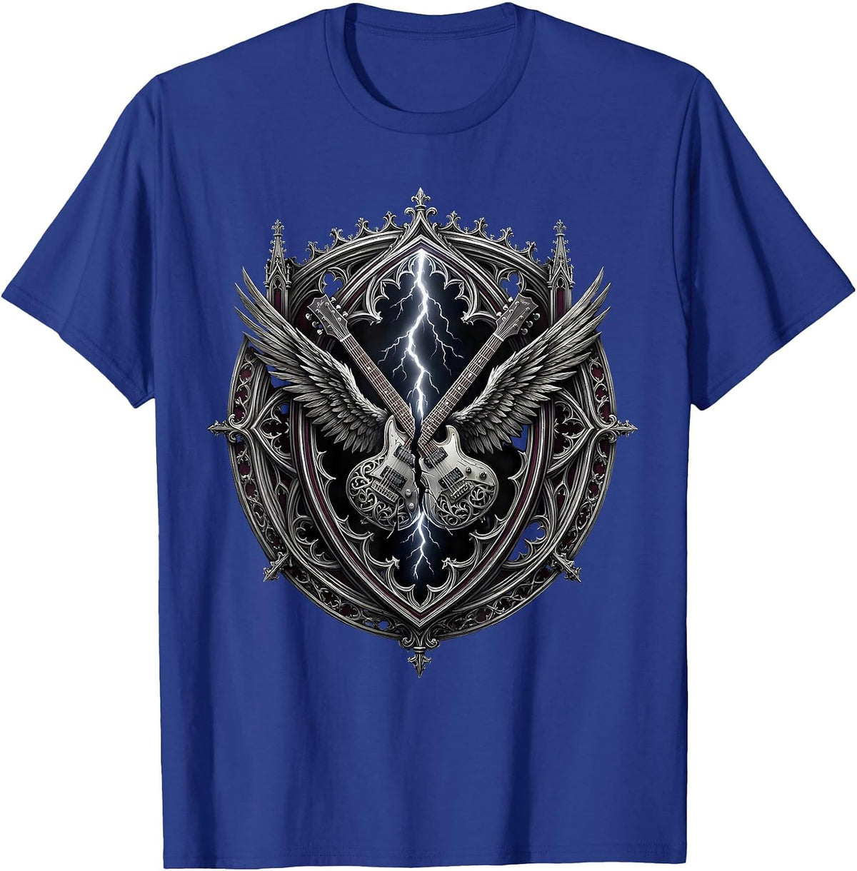 Lightning Bolt Flying V Guitar Rock Graphic T-Shirt - Royal Blue