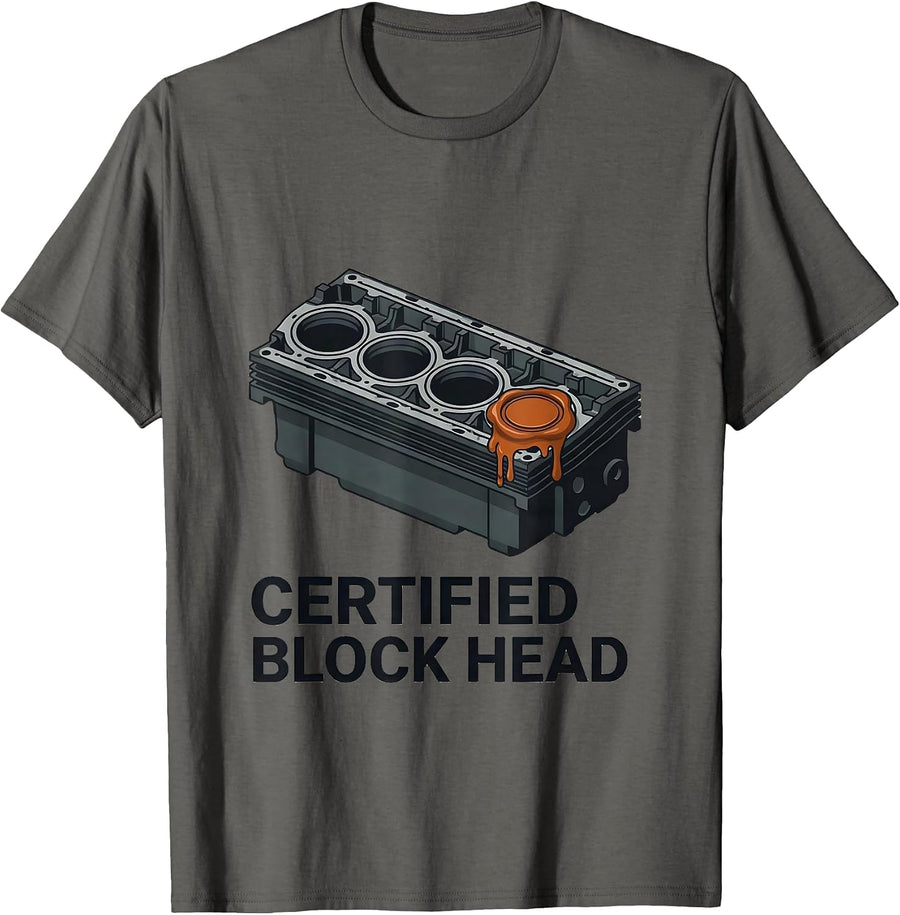 Certified Block Head Funny Mechanic Garage Motor Engine T-Shirt - Asphalt Grey