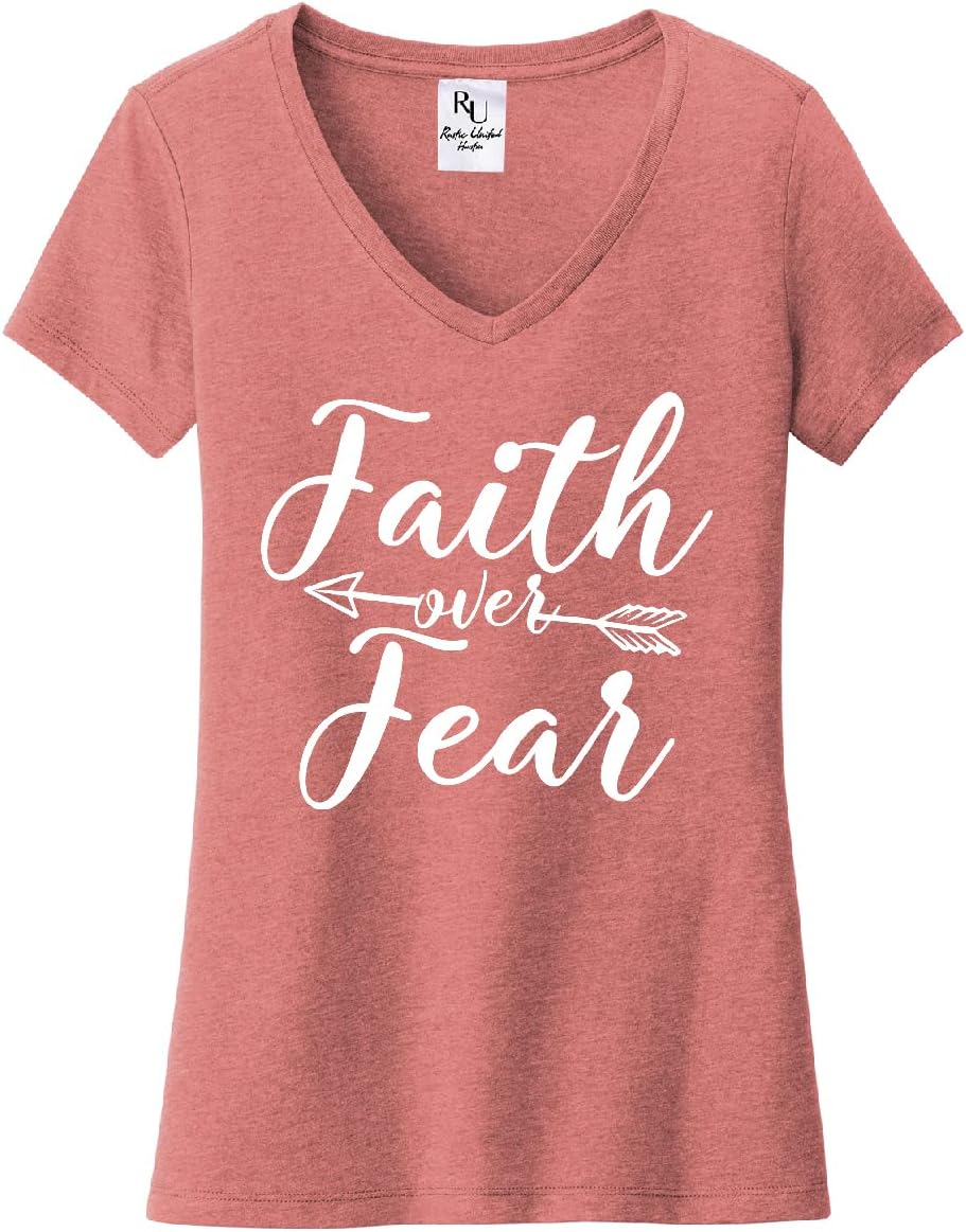 Faith Over Fear T-Shirt Casual Short Sleeve Vneck Women Spiritual Graphic Tees - Heather Mauve