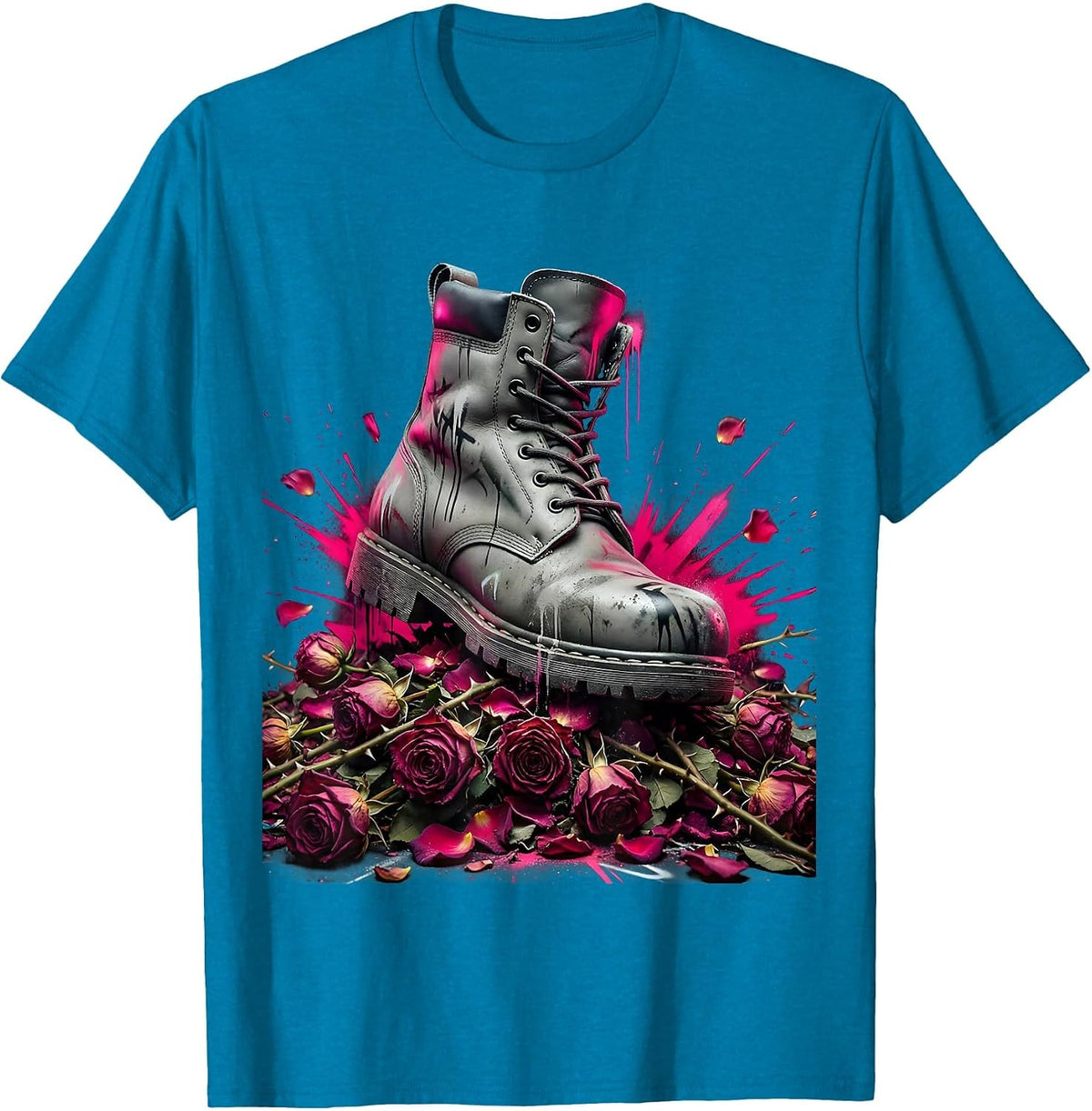 Combat Boot Crushing Dead Roses Graphic T-Shirt - Sapphire Blue