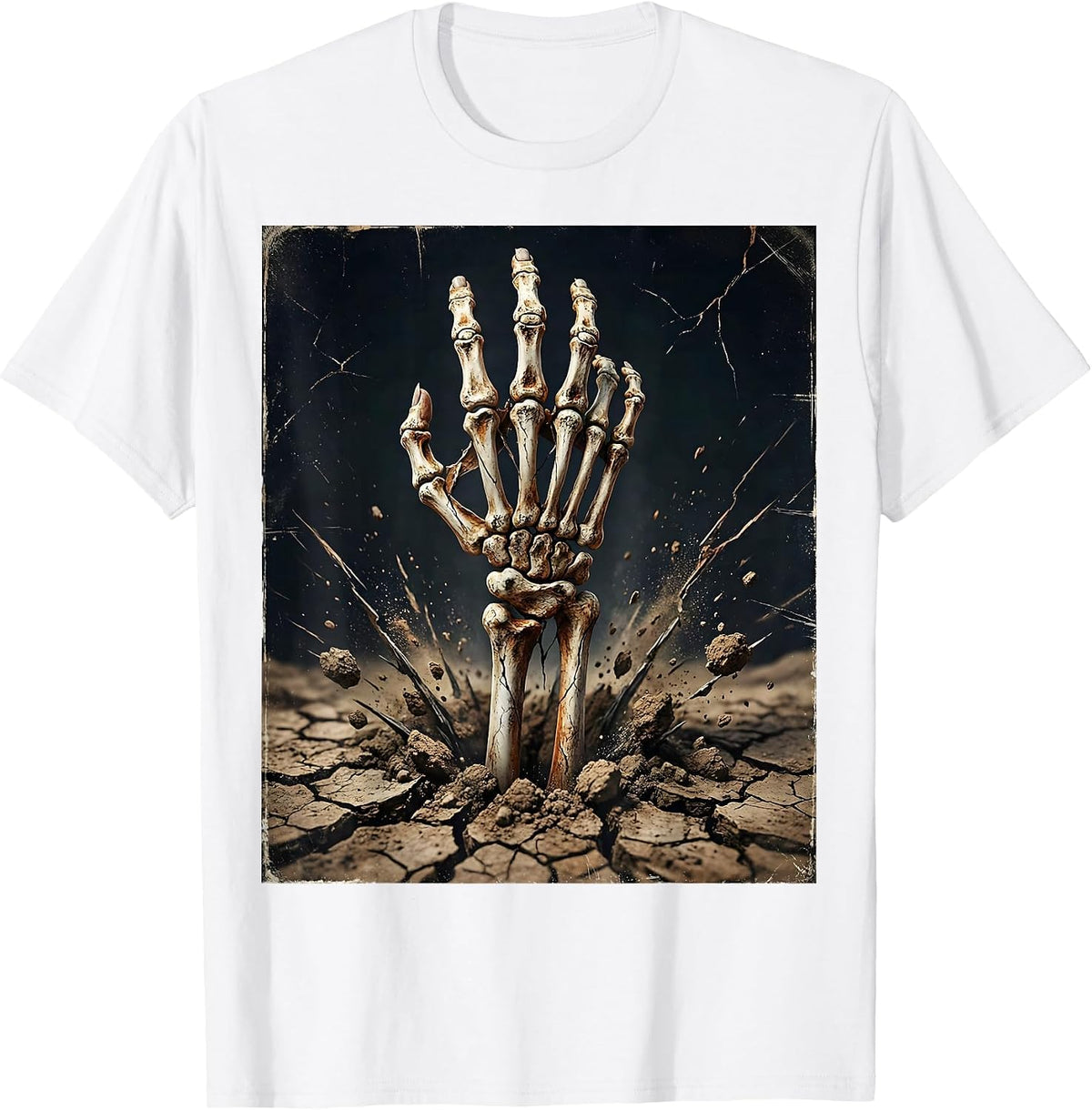 Men's Skeleton Hand Rising From Cracked Earth Graphic T-Shirt - White
