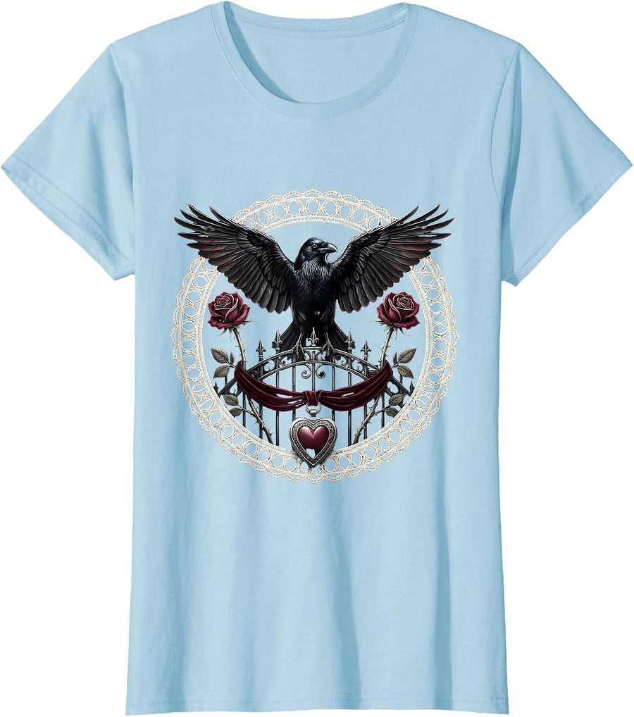 Women's Crow Flying Over Misty Graveyard Gothic Art T-Shirt - Baby Blue