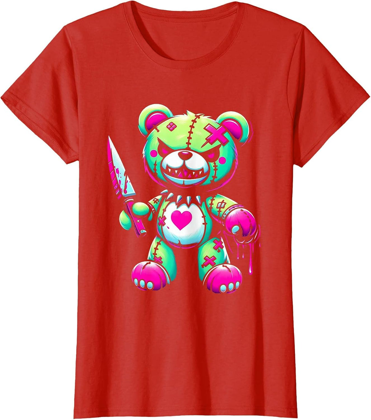 Pastel Goth Teddy Bear Horror Halloween Creepy Scary T-Shirt - Red