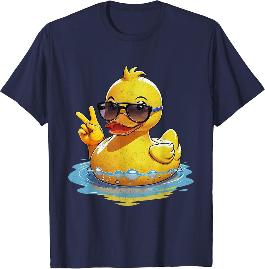 Retro Groovy Yellow Rubber Duck Peace Funny Duck Lovers T-Shirt - Navy Blue