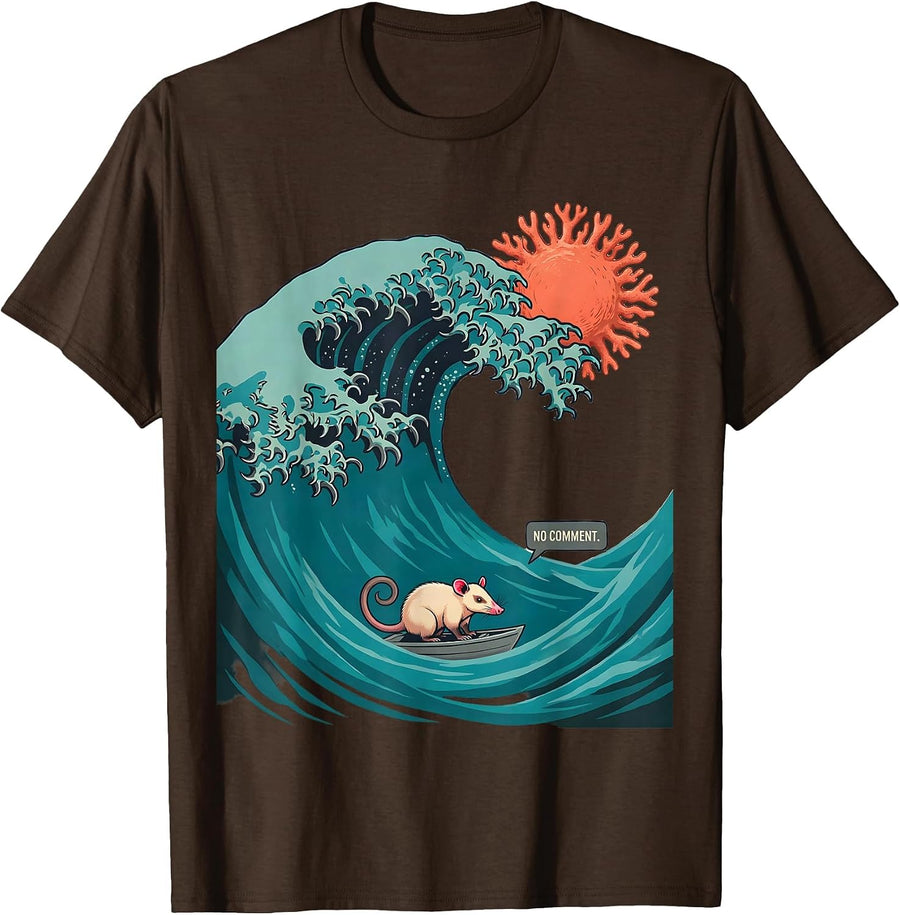 Men's No Comment Midcentury Modern Animal Surfing Opossum Parody T-Shirt - Brown