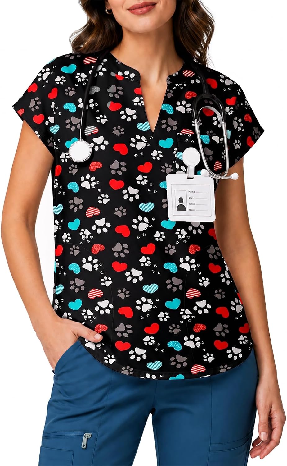 Yousify Scrubs for Women V Neck Printed Scrub Tops - Black