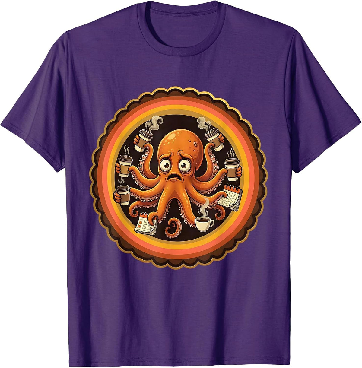 Stressed Octopus Juggling Coffee and Calendars T-Shirt - Purple
