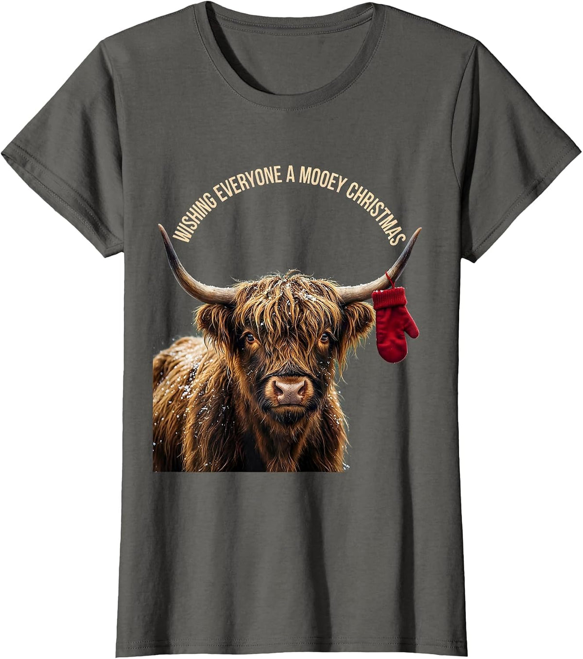 Women's Wishing Everyone A Mooey Christmas Funny Highland Cow Farm T-Shirt - Asphalt Grey