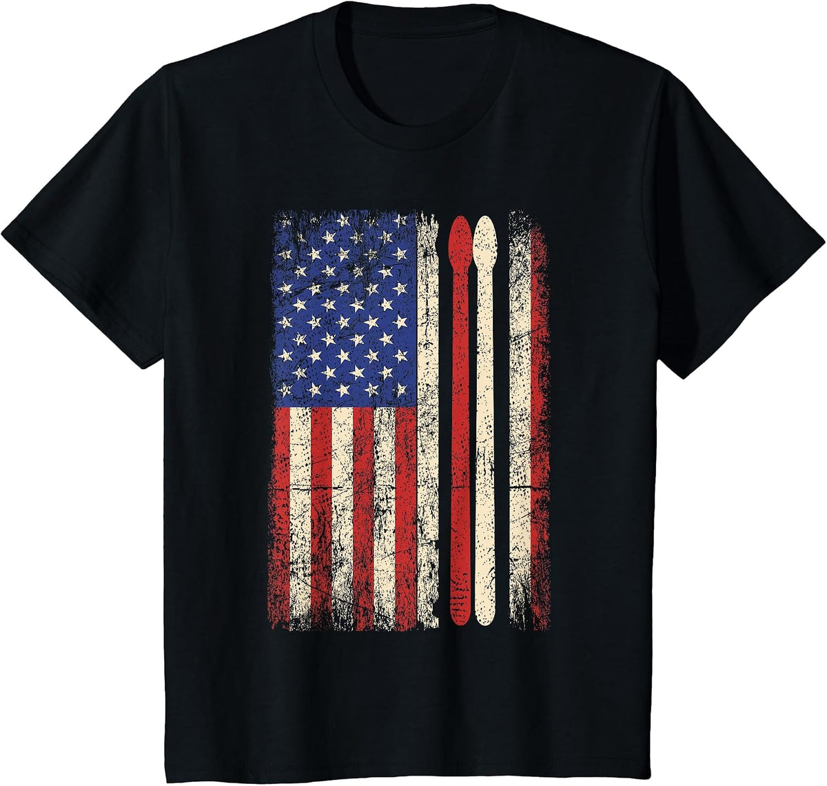 Vintage Drummer Drum Stick USA Flag American 4th of July Tee T-Shirt - Black