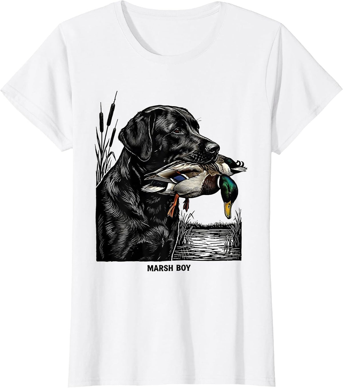 Marsh Boy Linocut Black Lab Duck Hunting Southern Pride T-Shirt - White