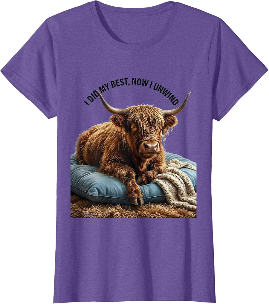 I Did My Best, Now I Unwind Cozy Highland Cow Sleepwear T-Shirt - Purple Heather