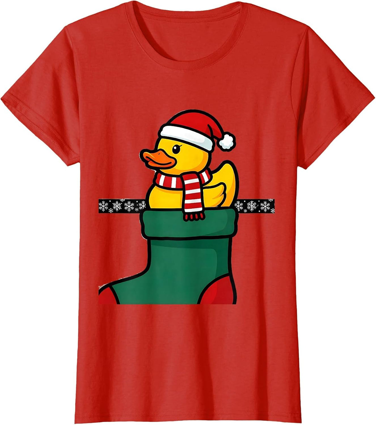 Women's Stubby Rubber Duck Santa Hat Christmas Pajama Humor T-Shirt - Red