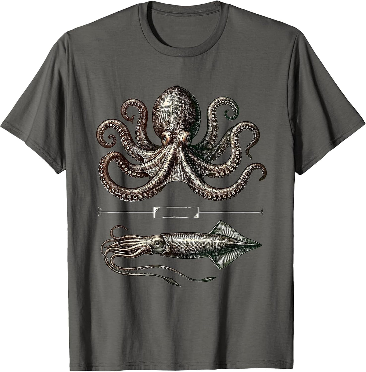 Octopus Squid Crosshatch Etching Marine Biology Enthusiast T-Shirt - Asphalt Grey