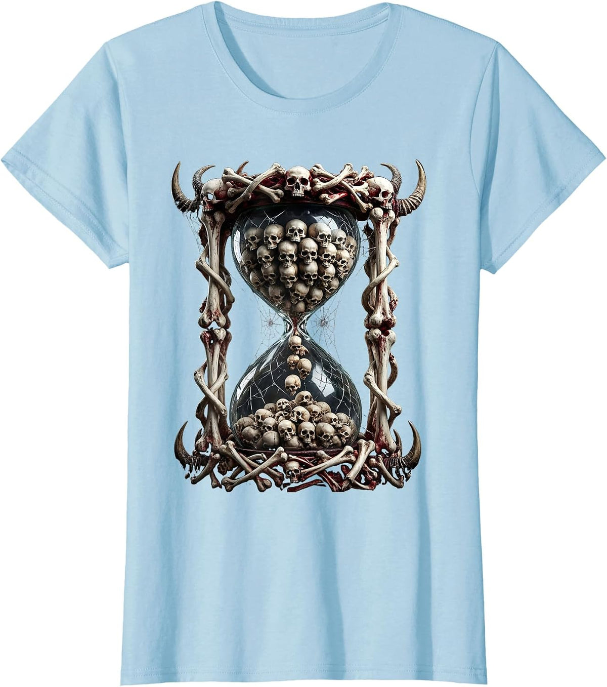 Skull Hourglass Metal Band Graphic Design T-Shirt - Baby Blue