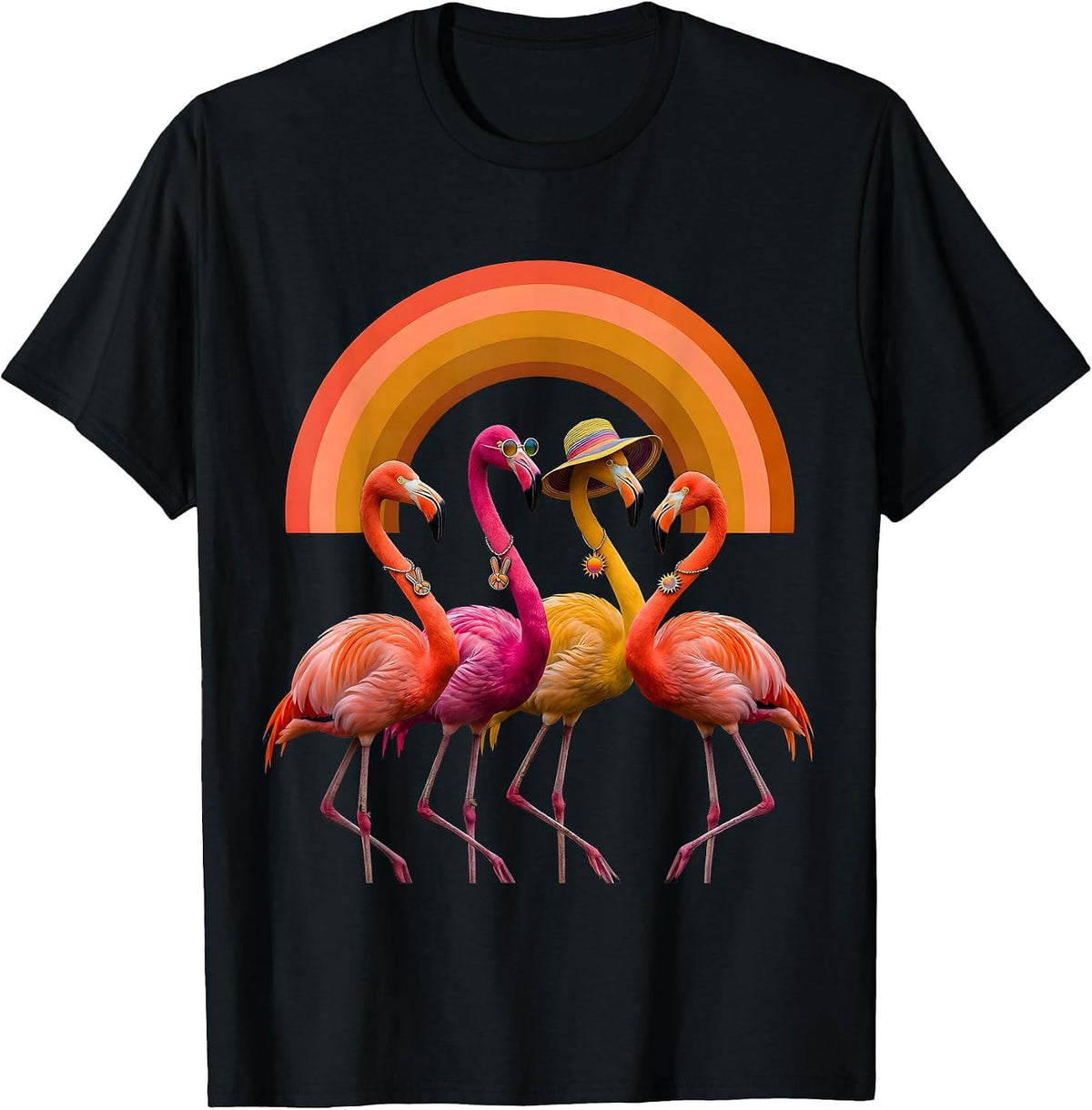 Men's Four Flamingos Retro 70s Bird Lover Group Matching T-Shirt - Black