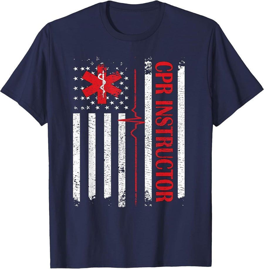 CPR Instructor American Flag EMS First Aid AED Certified CPR T-Shirt - Navy Blue