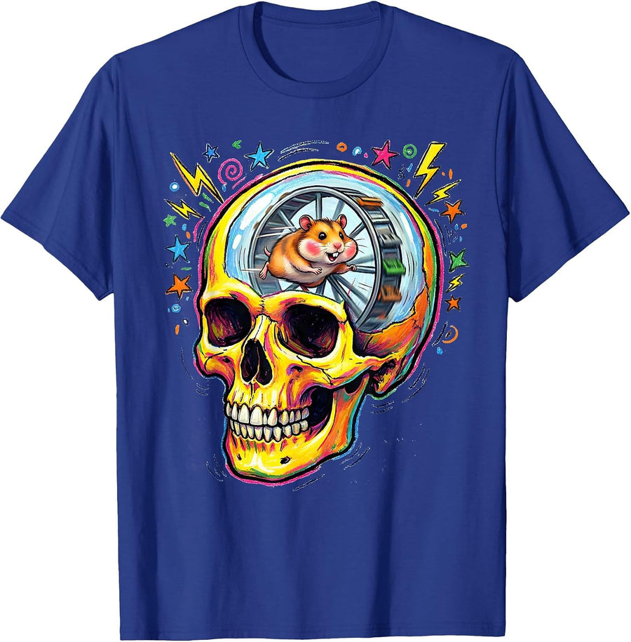 Hamster Wheel Skull Brainrot Graphic T-Shirt - Royal Blue