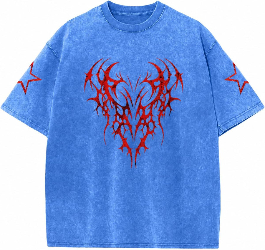 Men Graphic Tees Grunge Goth Punk Oversized Tshirts Emo Scene Gothic Shirts Y2k Streetwear Acid Wash T-Shirt - Light Blue