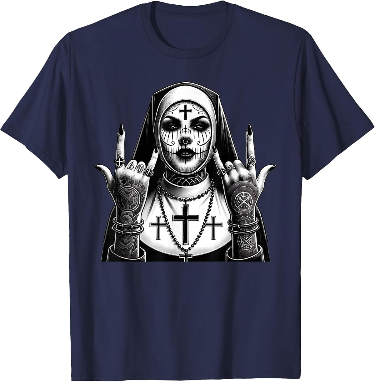 Gothic Aesthetic Occult Unholy Grunge Emo Punk Satanic Nun T-Shirt - Navy Blue