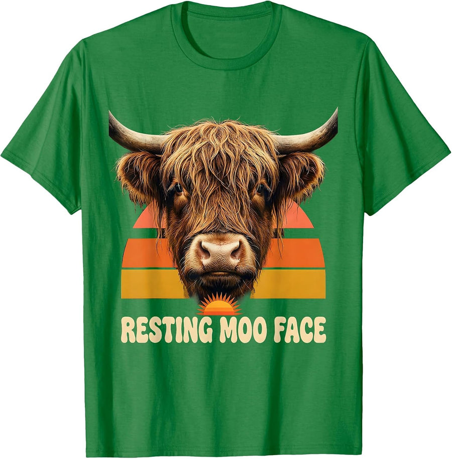 Men's Resting Moo Face Retro 70s Funny Highland Cow Farm Animal T-Shirt - Kelly Green