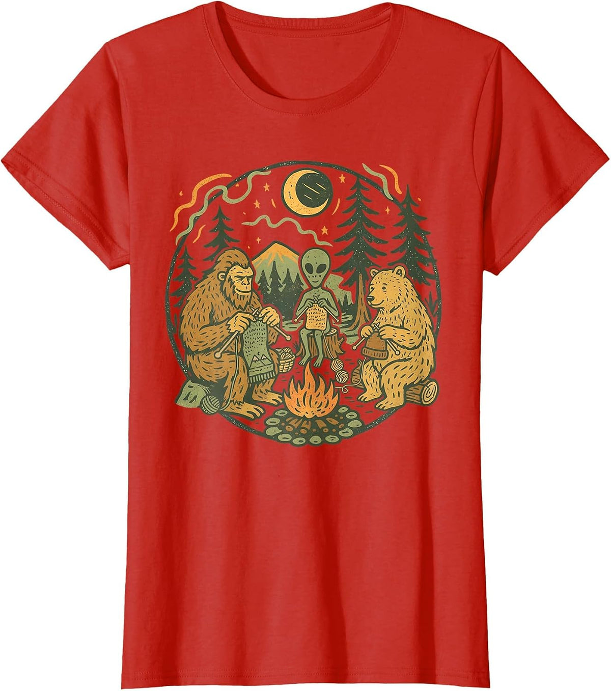 Campfire Knitting Friends Retro Bigfoot Alien Bear Knitting T-Shirt - Red