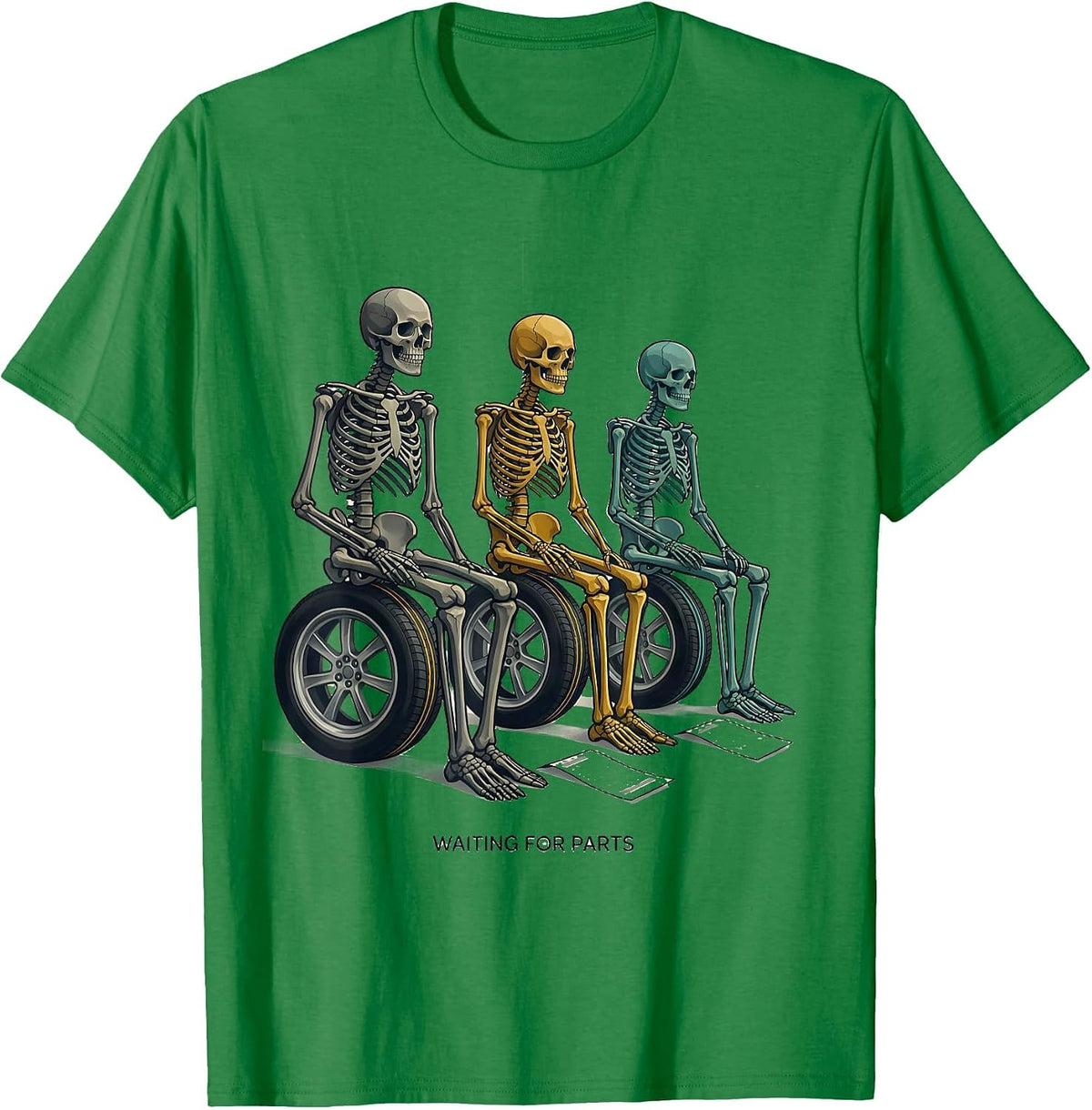 Men's Waiting For Parts Funny Mechanic Skeleton Auto Repair Life T-Shirt - Kelly Green