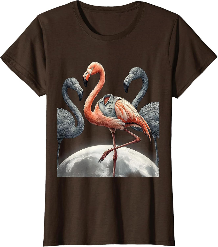 Women's My Flamingo Flock Rocks Funny Flamingo Tropical Humor Family T-Shirt - Brown