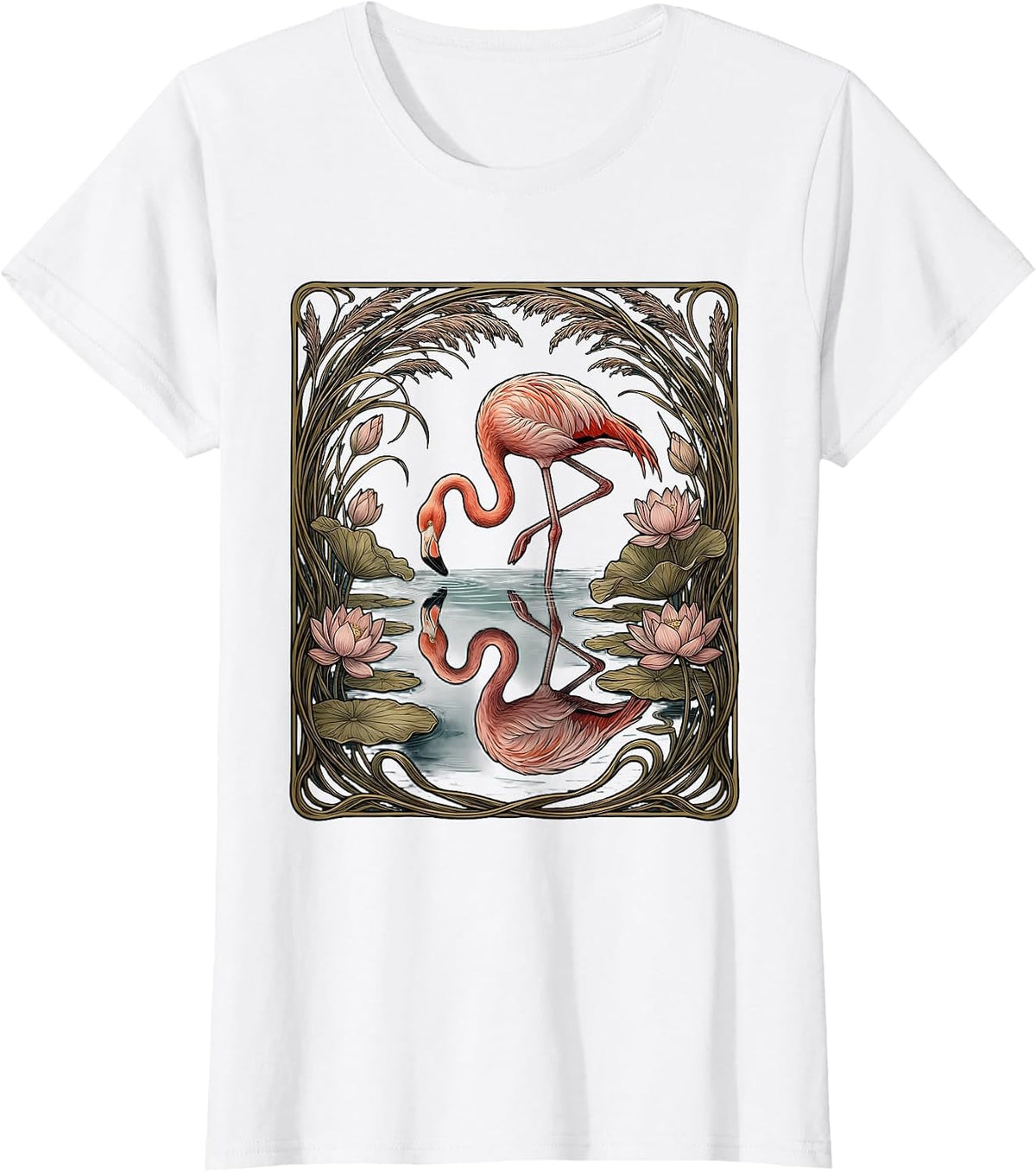 Flamingo Reflection Serene Water Illustration T-Shirt - White