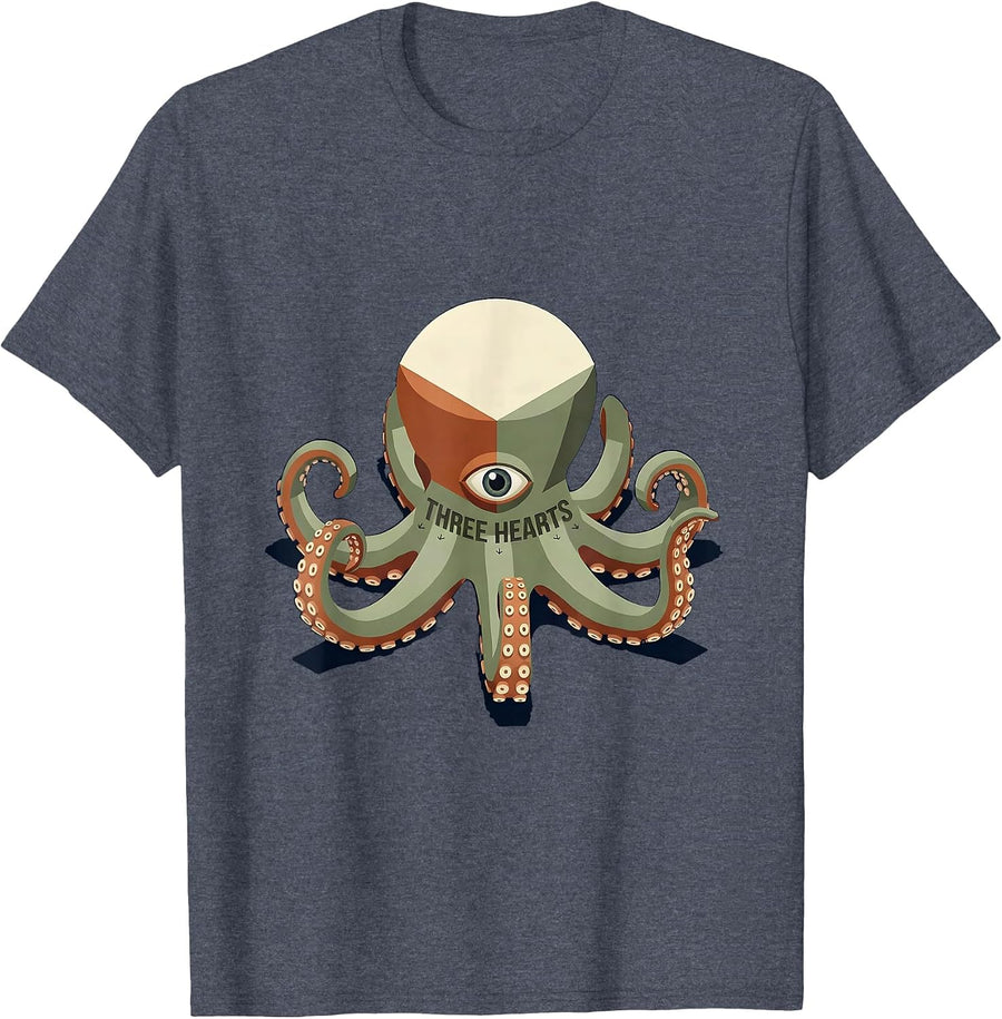 Three Hearts Isometric Octopus Ocean Animal Lover Art T-Shirt - Heather Blue