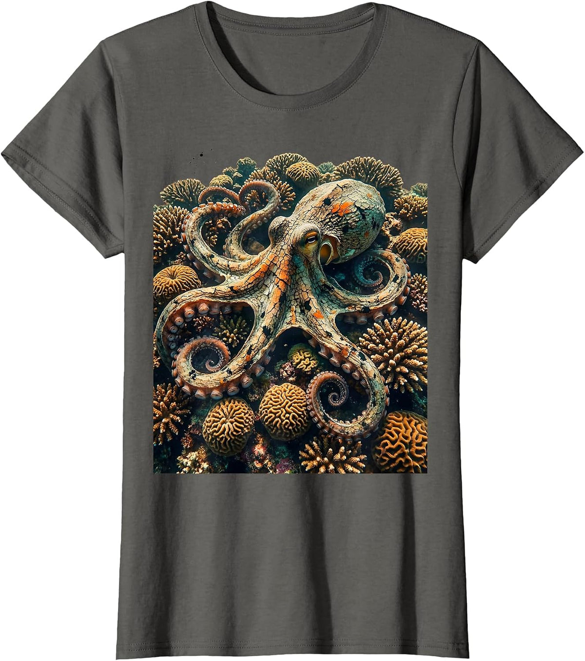 Women's Octopus Hiding in Colorful Coral Hawaiian Design T-Shirt - Asphalt Grey