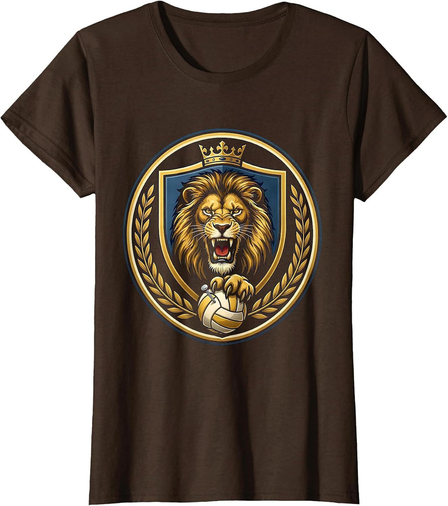 Women's Volleyball Mom Roaring Lioness Graphic Tee T-Shirt - Brown