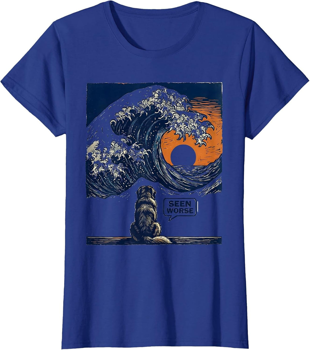 Women's Seen Worse Linocut Great Wave Dog Breed Humor T-Shirt - Royal Blue