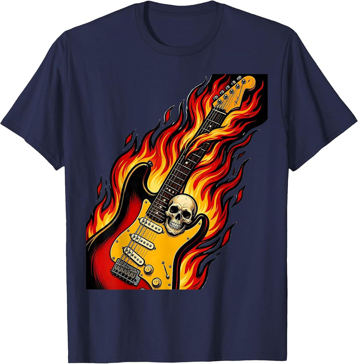 Flaming Electric Guitar Rock Band Graphic T-Shirt - Navy Blue